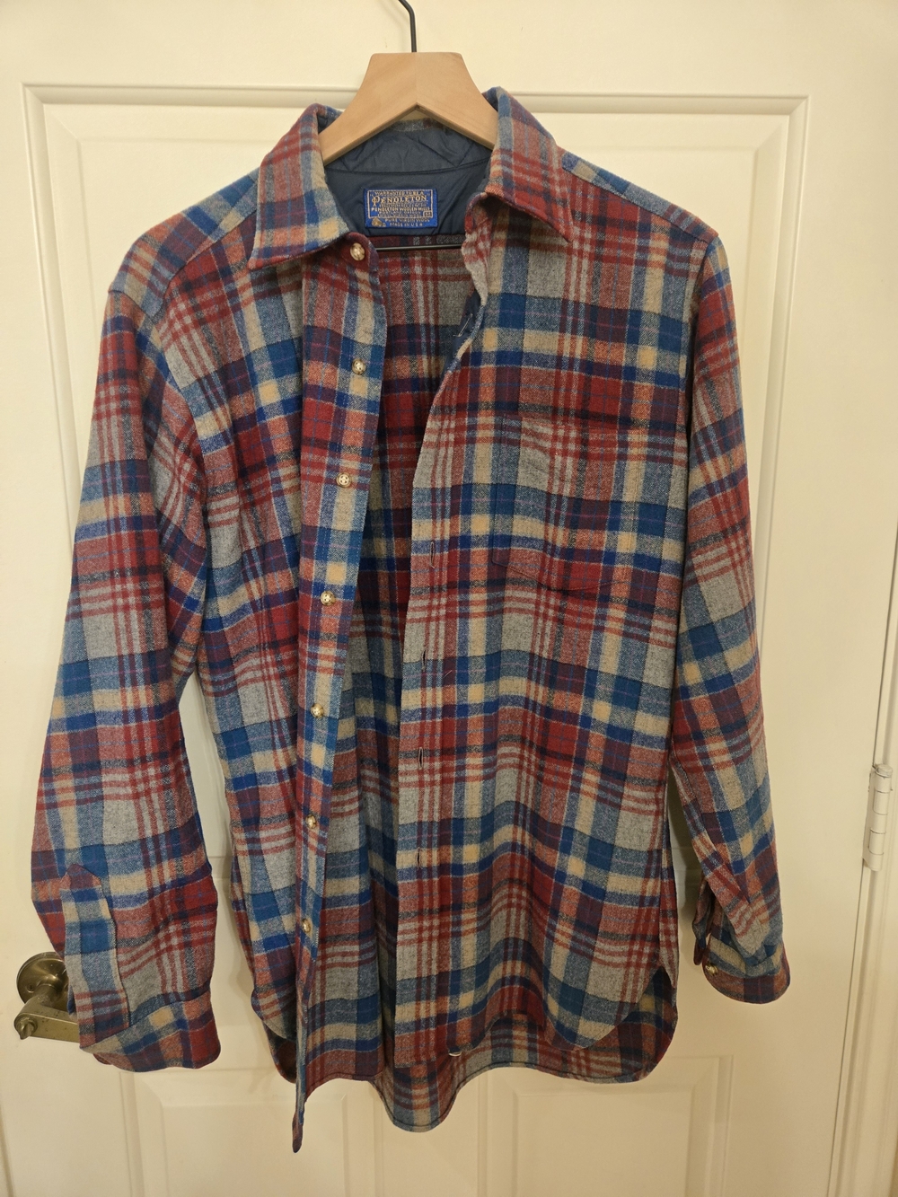 Pendleton Plaid Wool Button-Down Shirt in Red, Blue & Gray